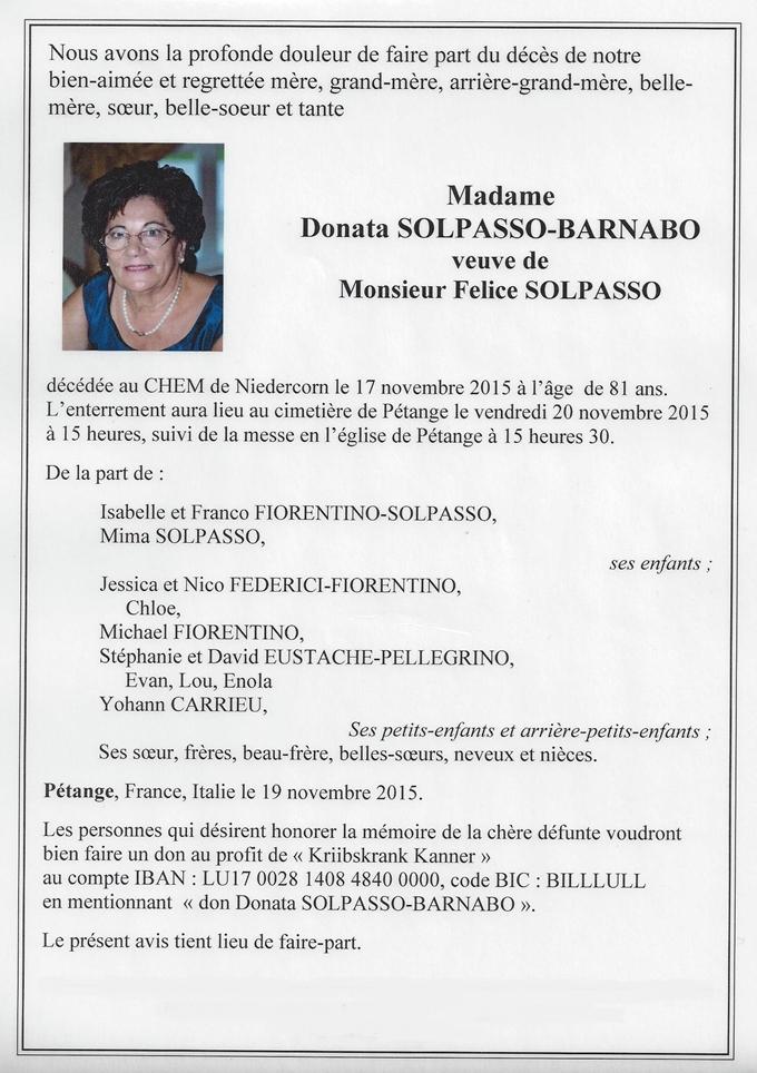 Madame Donata SOLPASSO-BARNABO veuve de  Monsieur Felice SOLPASSO 