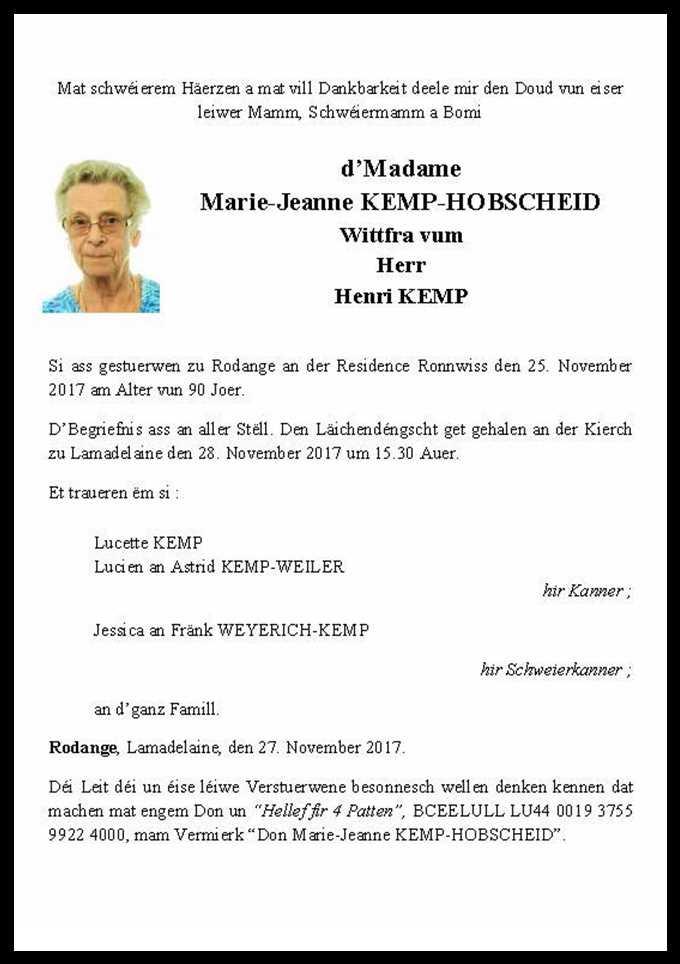 d’Madame Marie-Jeanne KEMP-HOBSCHEID 