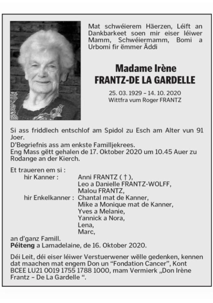 Madame Irène FRANTZ-DE LA GARDELLE 