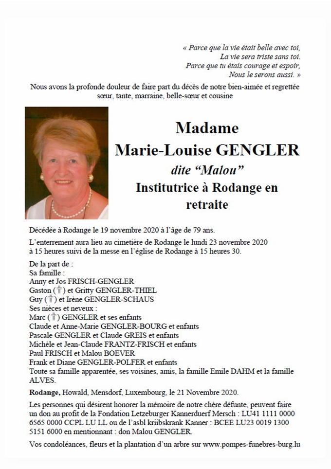 Madame Marie-Louise GENGLER Institutrice à Rodange en retraite