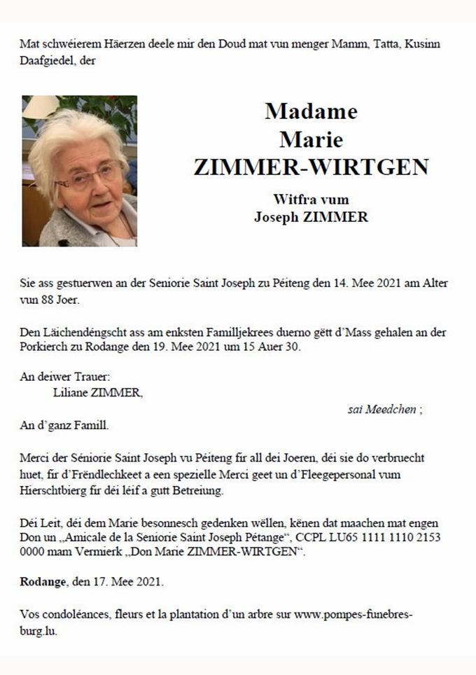 Madame Marie ZIMMER-WIRTGEN 