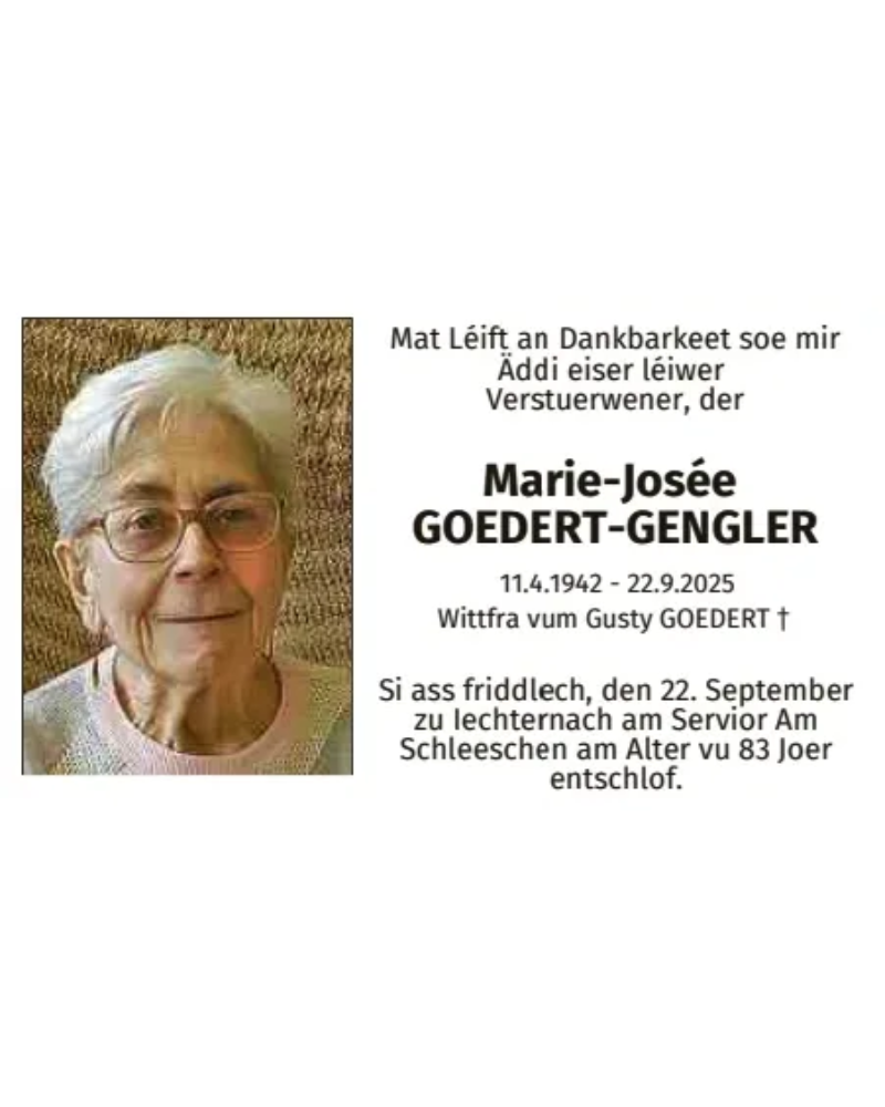 Traueranzeige für Marie-Josée Goedert- Gengler