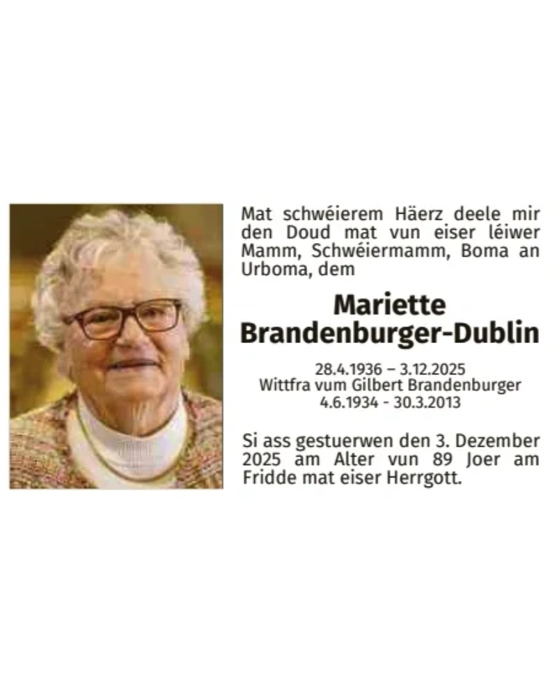 Traueranzeige für Mariette Brandenburger-Dublin