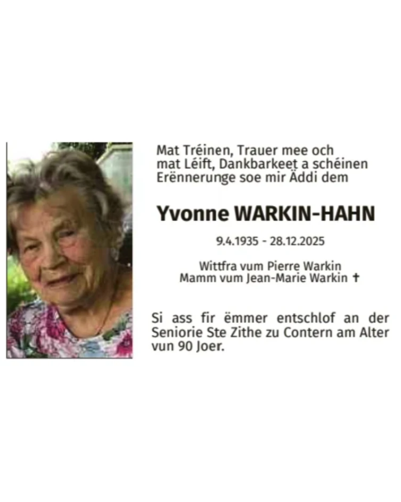 Traueranzeige für Yvonne Warkin-Hahn