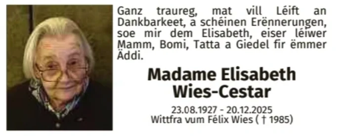 Traueranzeige für Elisabeth Wies-Cestar