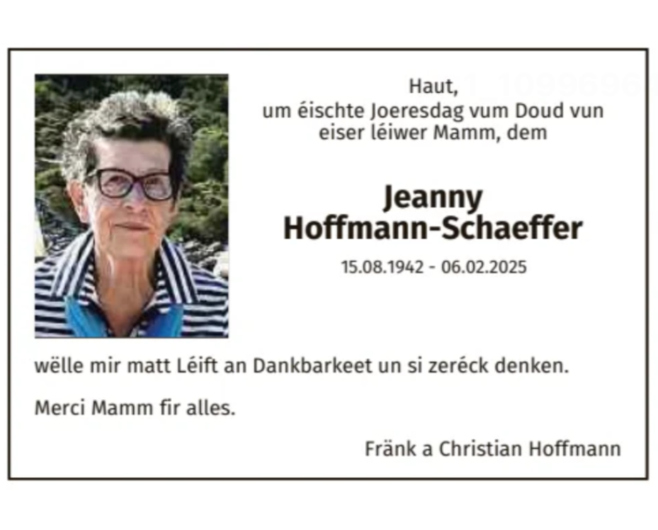 Traueranzeige für Jeanny Hoffmann-Schaeffer