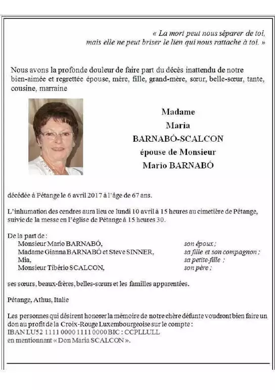 Traueranzeige für Maria BARNABO-SCALCON