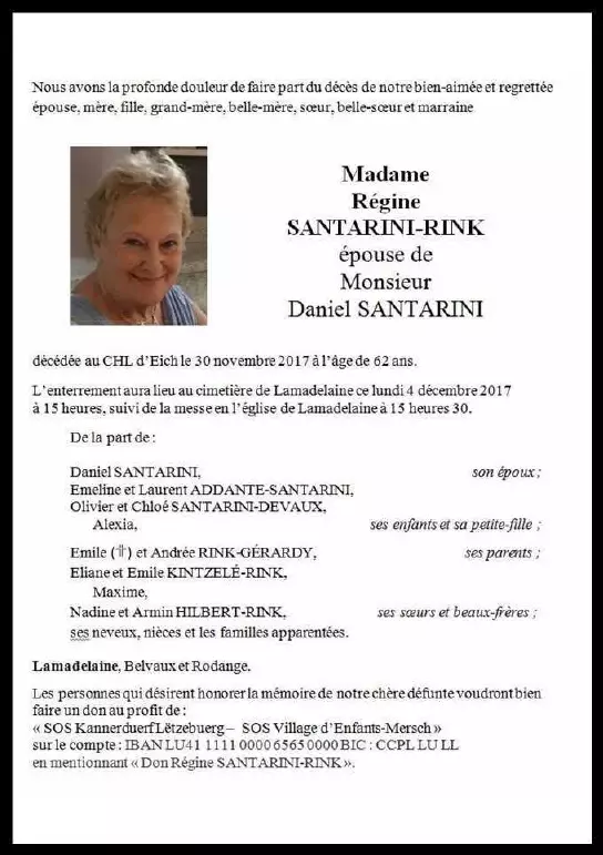 Traueranzeige für Régine SANTARINI-RINK