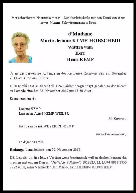 Traueranzeige für Marie-Jeanne KEMP-HOBSCHEID