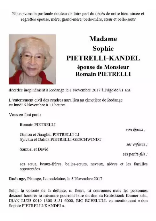 Traueranzeige für Sophie PIETRELLI-KANDEL