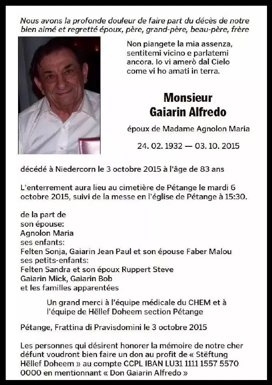 Traueranzeige für Alfredo Gaiarin