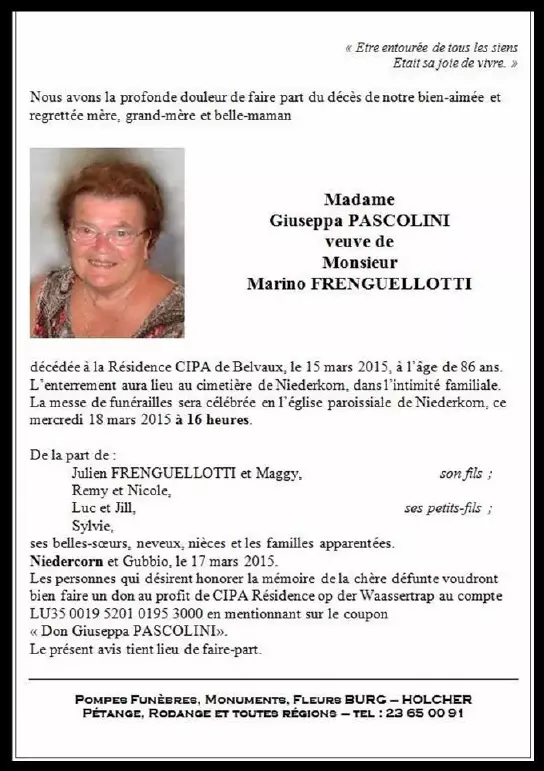 Traueranzeige für Giuseppa PASCOLINI