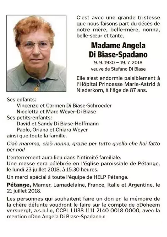 Traueranzeige für Angela Di Biase-Spadano