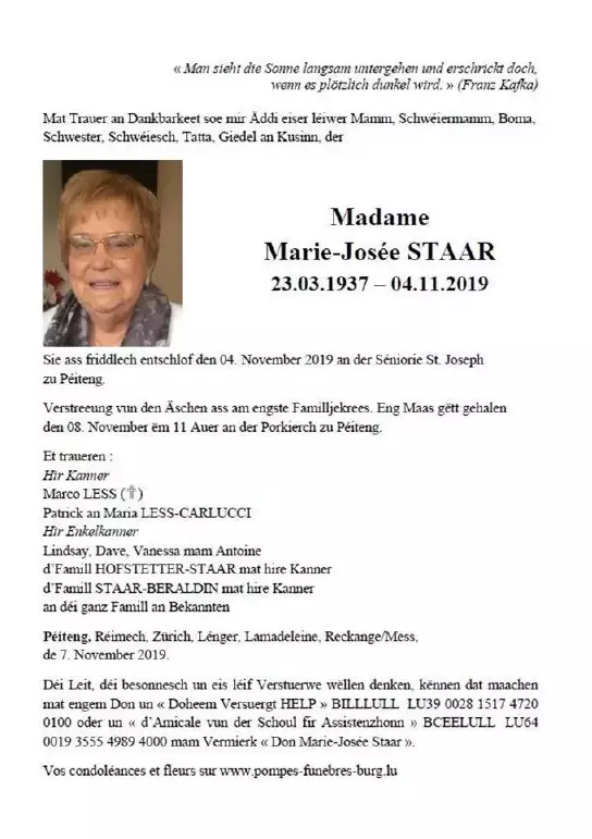 Traueranzeige für Marie-Josée STAAR