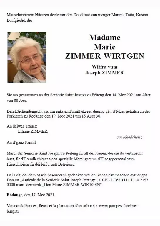 Traueranzeige für Marie ZIMMER-WIRTGEN