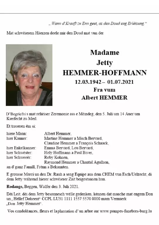 Traueranzeige für Jetty HEMMER-HOFFMANN