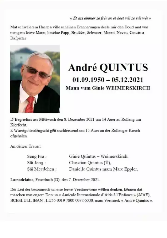Traueranzeige für André Quintus