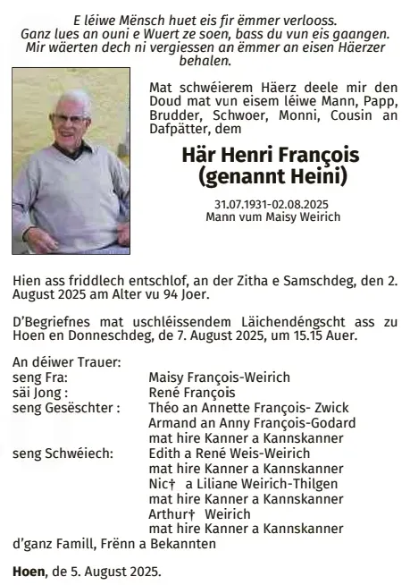 Traueranzeige für Henri François