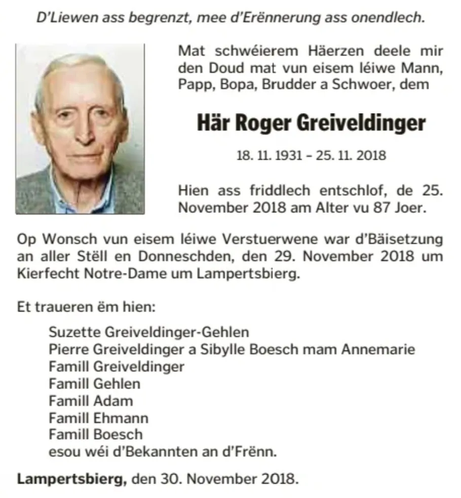 Traueranzeige für Roger Greiveldinger