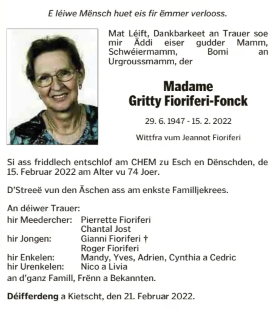 Traueranzeige für Gritty Fioriferi-Fonck