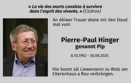 Traueranzeige für Pierre-Paul Hinger