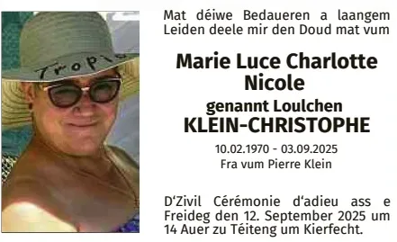 Traueranzeige für Marie Luce Charlotte Nicole Klein-Christophe