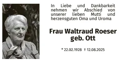 Traueranzeige für Waltraud Roeser