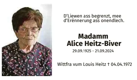 Traueranzeige für Alice Heitz - Biver