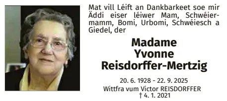 Traueranzeige für Yvonne Reisdorffer-Mertzig