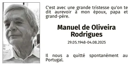 Traueranzeige für Manuel De Oliveira Rodrigues