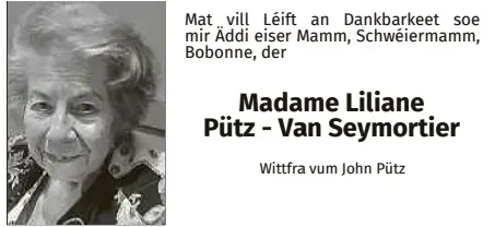 Traueranzeige für Liliane Pütz-Van Seymortier