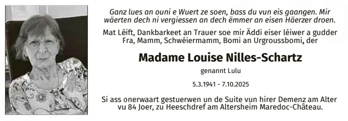 Traueranzeige für Louise Nilles-Schartz