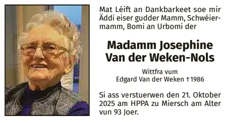 Traueranzeige für Josephine Van der Weken-Nols