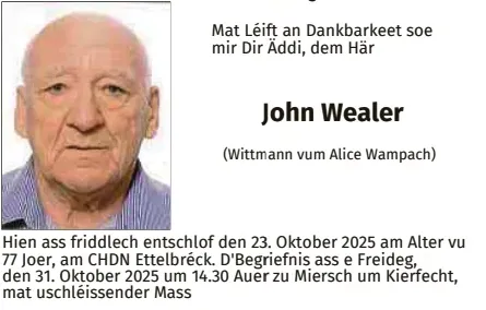 Traueranzeige für John Wealer
