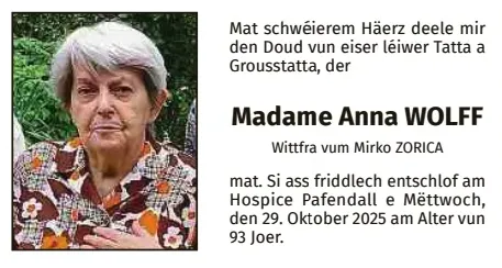 Traueranzeige für Anna Wolff