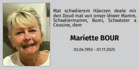 Traueranzeige für Mariette Bour
