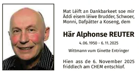 Traueranzeige für Alphonse Reuter