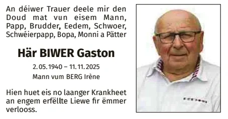 Traueranzeige für Gaston Biwer