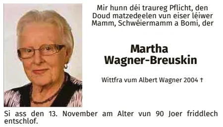 Traueranzeige für Martha Wagner-Breuskin