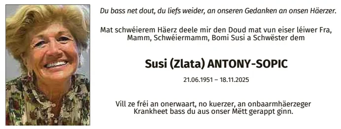 Traueranzeige für Susi Antony-Sopic