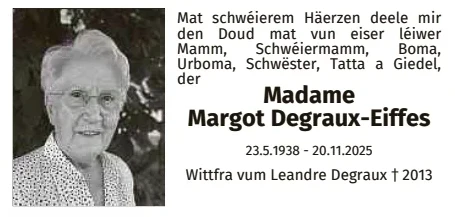 Traueranzeige für Margot Degraux-Eiffes