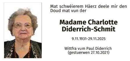 Traueranzeige für Charlotte Diderrich-Schmit