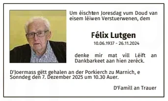 Traueranzeige für Félix Lutgen