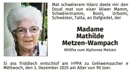 Traueranzeige für Mathilde Metzen-Wampach