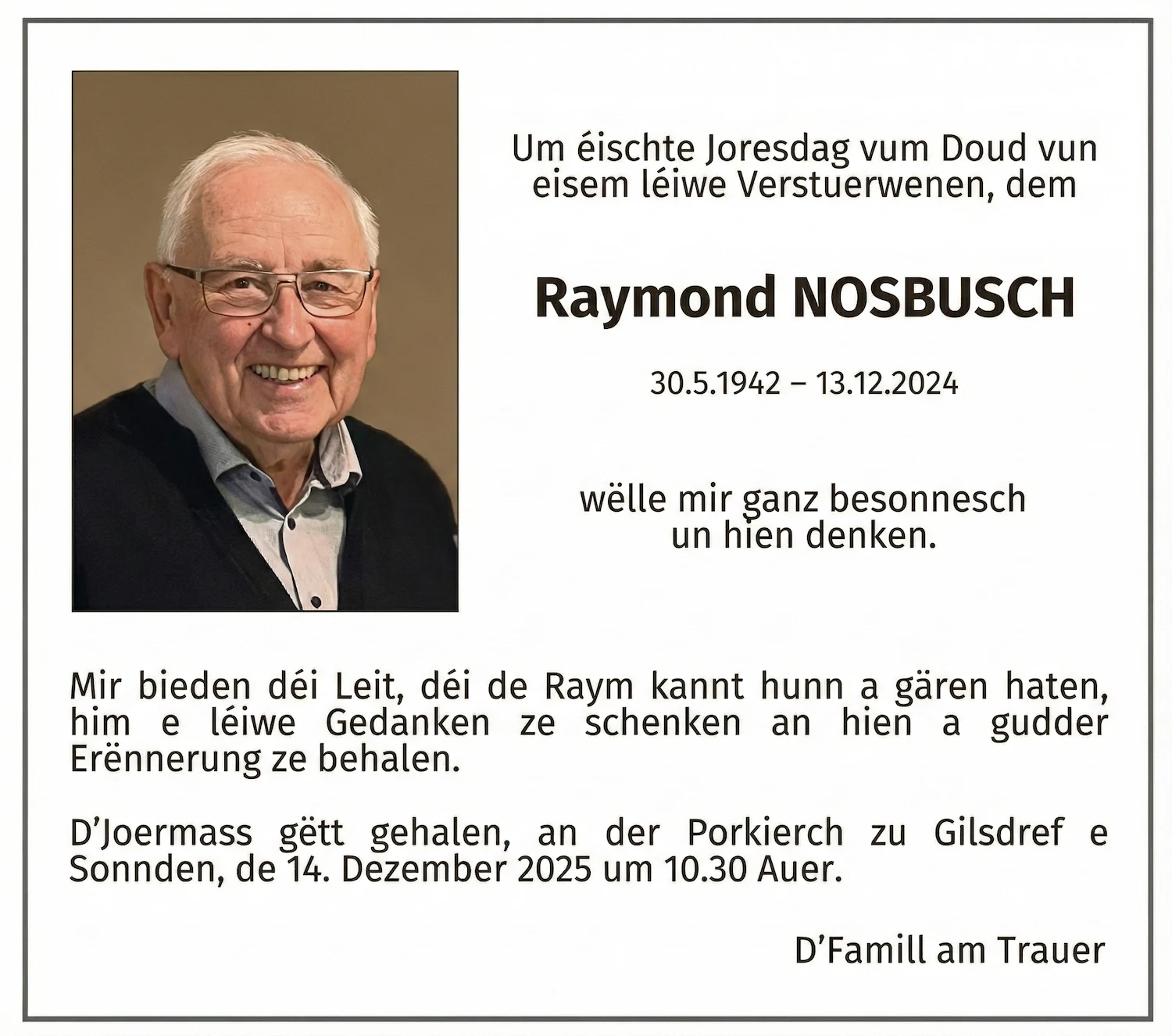Traueranzeige für Raymond Nosbusch
