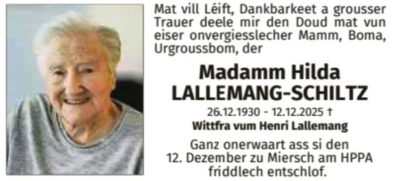 Traueranzeige für Hilda Lallemang-Schiltz