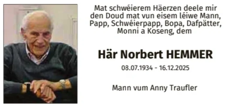 Traueranzeige für Norbert Hemmer
