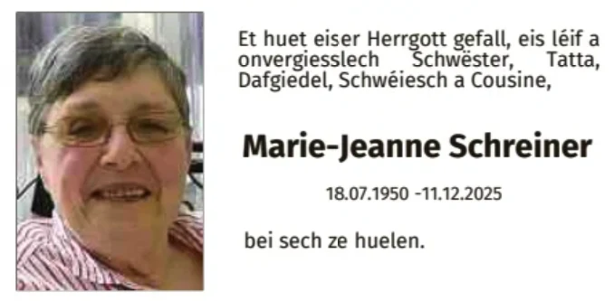 Traueranzeige für Marie-Jeanne Schreiner