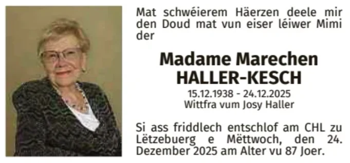 Traueranzeige für Marechen Haller-Kesch