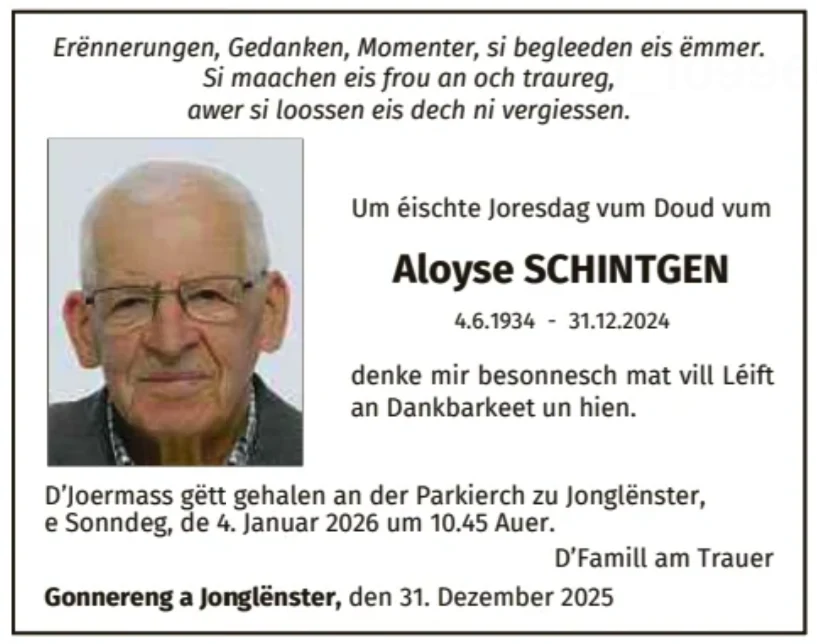 Traueranzeige für Aloyse Schintgen